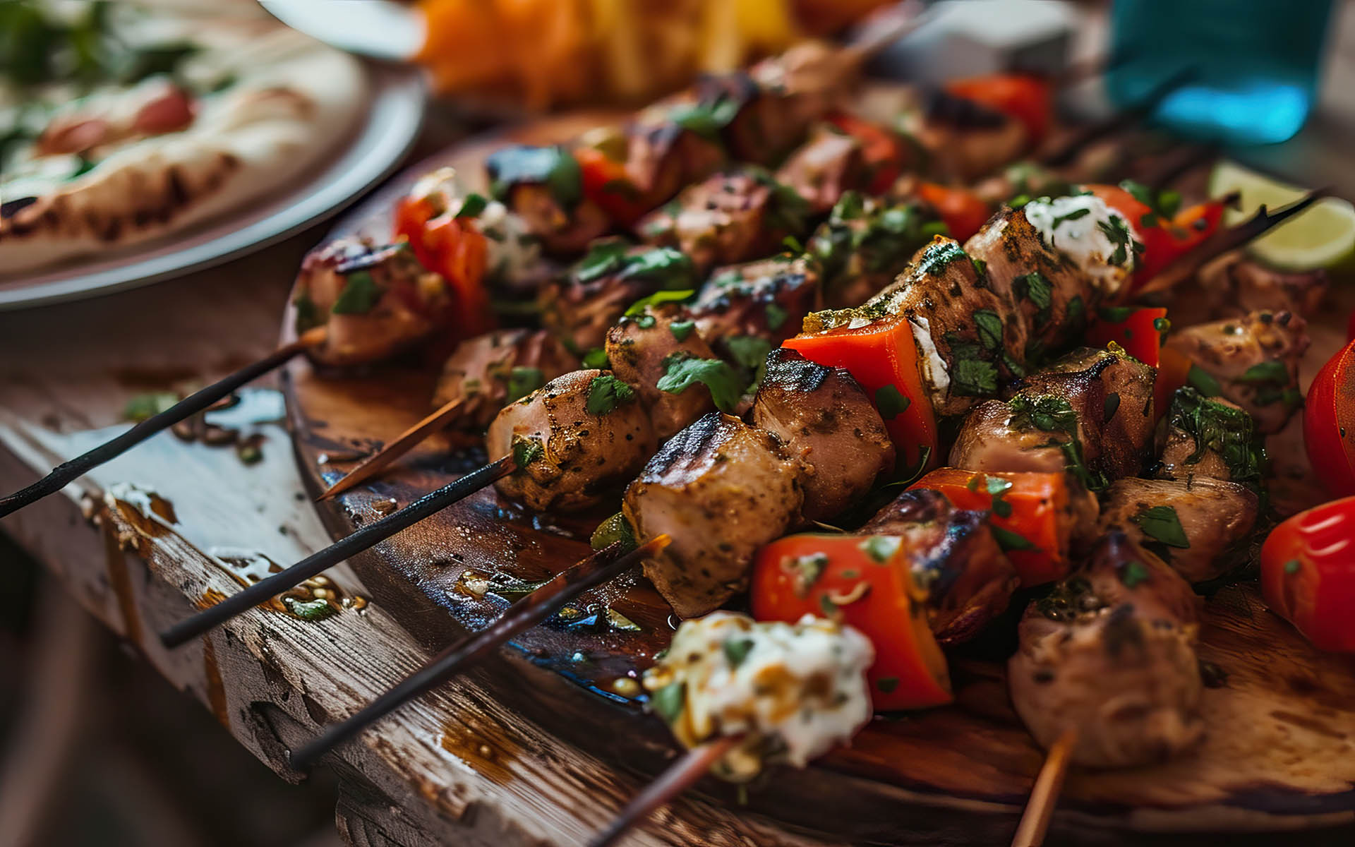 Souvlaki skewers grilled to perfection served with fresh vegetables and pita bread, professional food photo from an angled view, highlighting the dish's textures and colors.