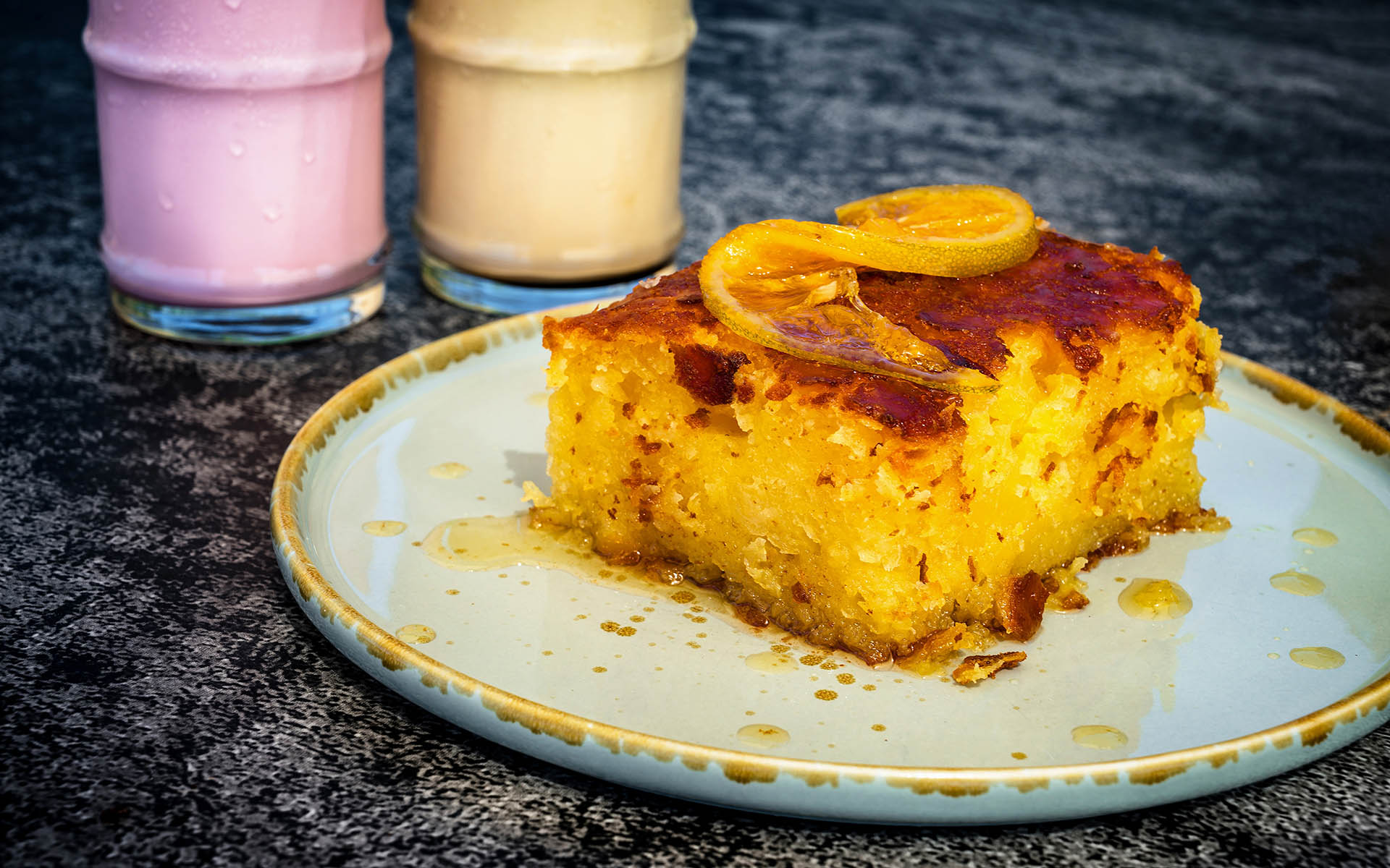 Traditional Greek Orange Cake with Syrup Portokalopita. Perfect for culinary, travel, dessert-themed projects, high-quality photo captures the essence of Mediterranean sweetness and cultural richness
